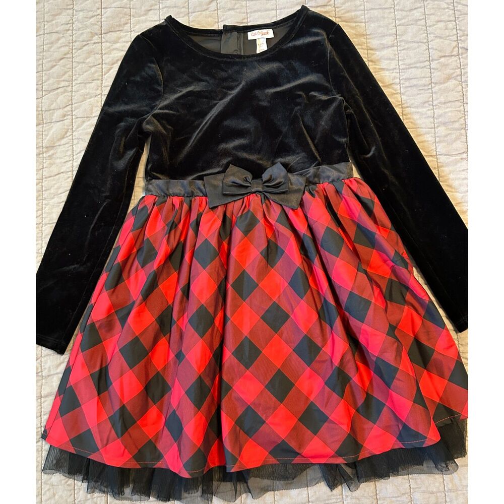 Cat & Jack Girls' Long-Sleeve Velvet Bodice Dress Red Plaid Skirt Holiday Size M